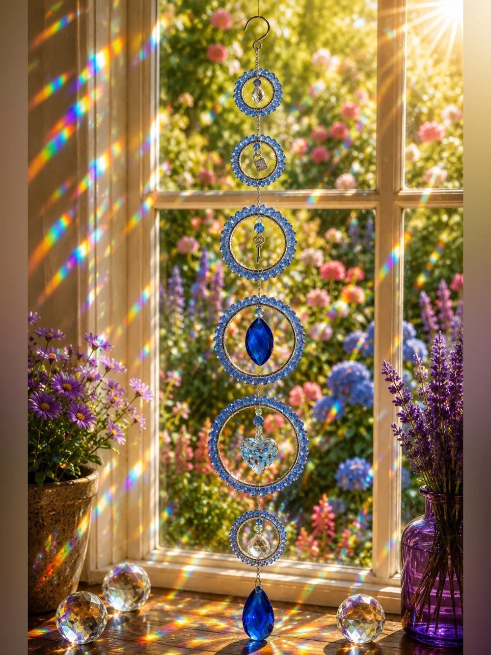 Blue Lock & Key Glass Heart Crystal Beaded Sun Catcher